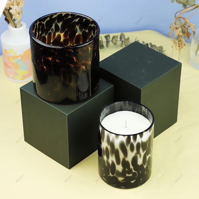 2024 New Arrivals  6oz/9oz/14oz Wholesale Empty Customize  Leopard Printed Candle Jars Luxury Black Candle Glass Jar & Holder