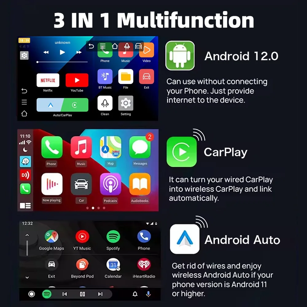 Автомобильный видео смарт-бокс Android 12 Беспроводной адаптер Carplay двойной Wifi беспроводной Ai Box Поддержка Youtube и Netflix