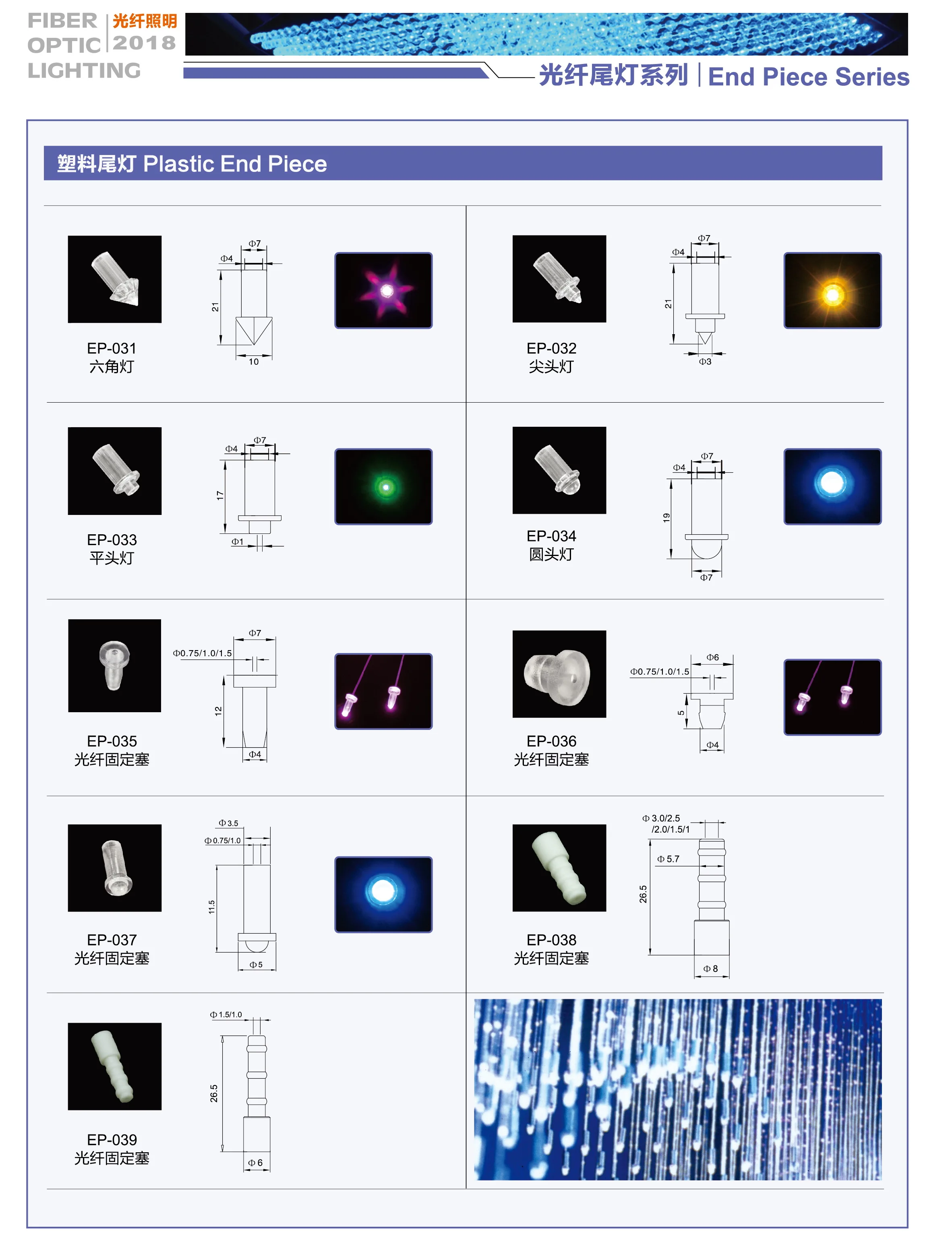 Plastic led lighting end piece for fiber optic ceiling effect