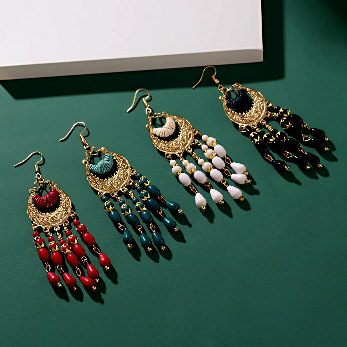 2021 Vintage Ethnic Bohemian White Beads Jhumka Earrings Geometric Metal Tassel Indian Earrings Tibetan Jewelry