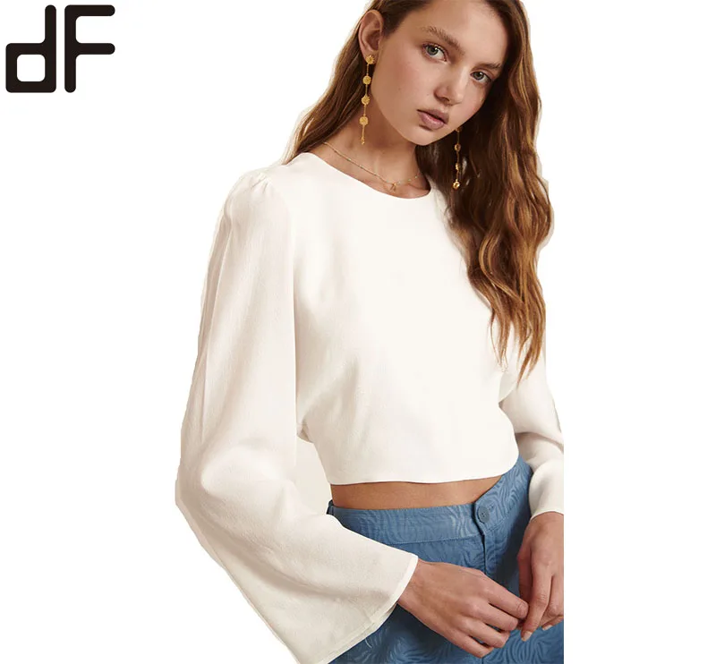 OEM Casual Modesty Women Clothes Round Neck Tie-Back Key Hole Detail Ladies Shirt Blouse Solid White Shirts For Ladies