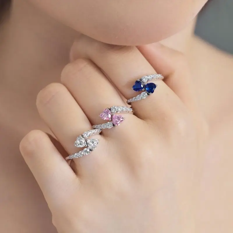 Dylam Oem Odm S925 Silver Pink Blue Sapphire Cubic Zircon Ring Two Stone Heart Bridal Promise Engagement Wedding Rings For Women