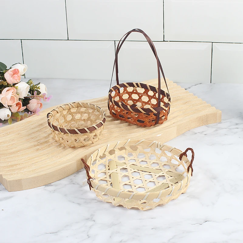 Bamboo Fruit Bread Round Rattan Serving Tray Hand Woven Serving Basket with Handles Natural Restaurant Woven Storage Basket