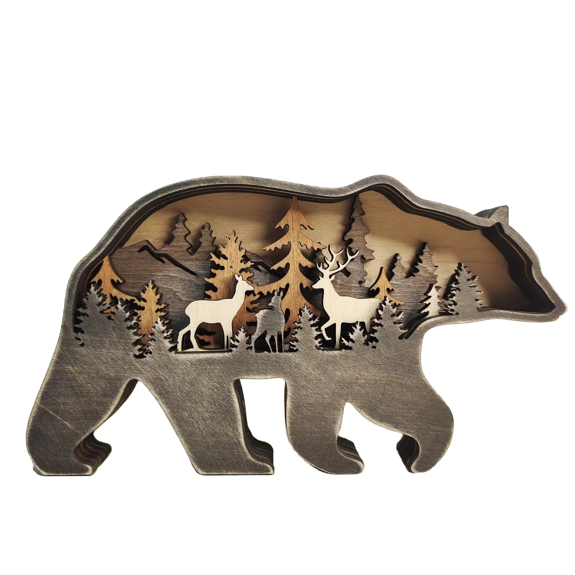 3D Wooden Animal Decoration with light Wooden Bear Moose Wolf Horse Eagle Wooden Carvings Desktop ornaments Wall Decoration