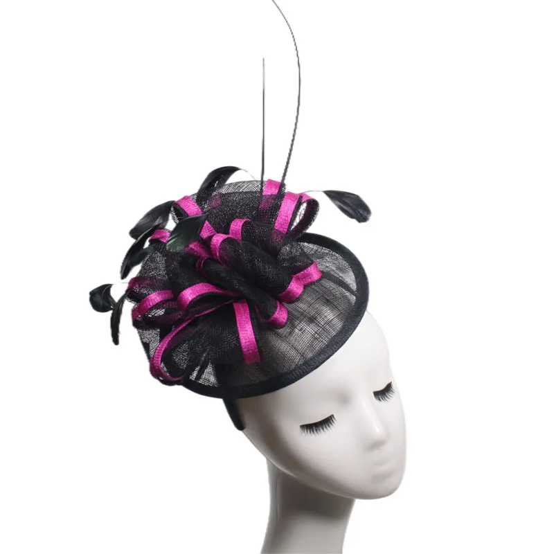 ABPF custom fashion sinamay flower feather headband fascinators tea women party derby church hats with net mesh