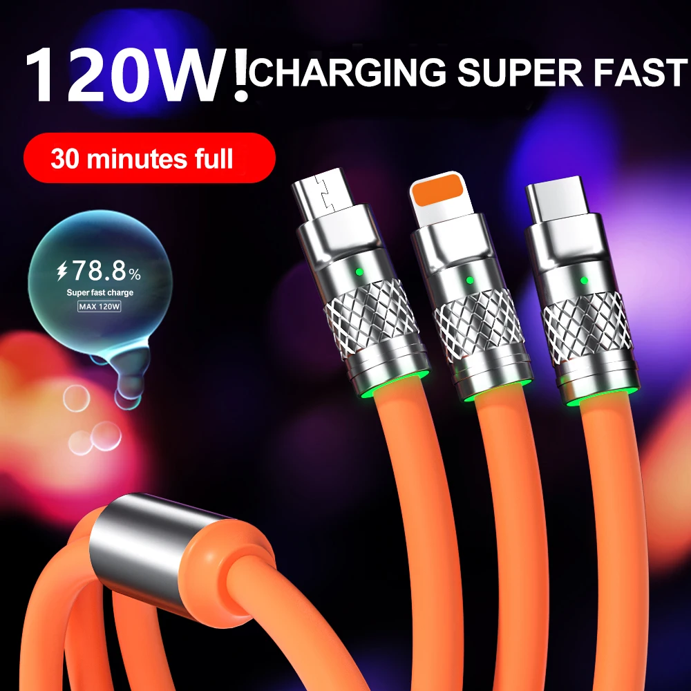 Multi Charging Cable 3 in 1 120W PD Super Fast USB Cord Silicone Charger Cable Compatible with IPH/Type-C/Micro-USB port