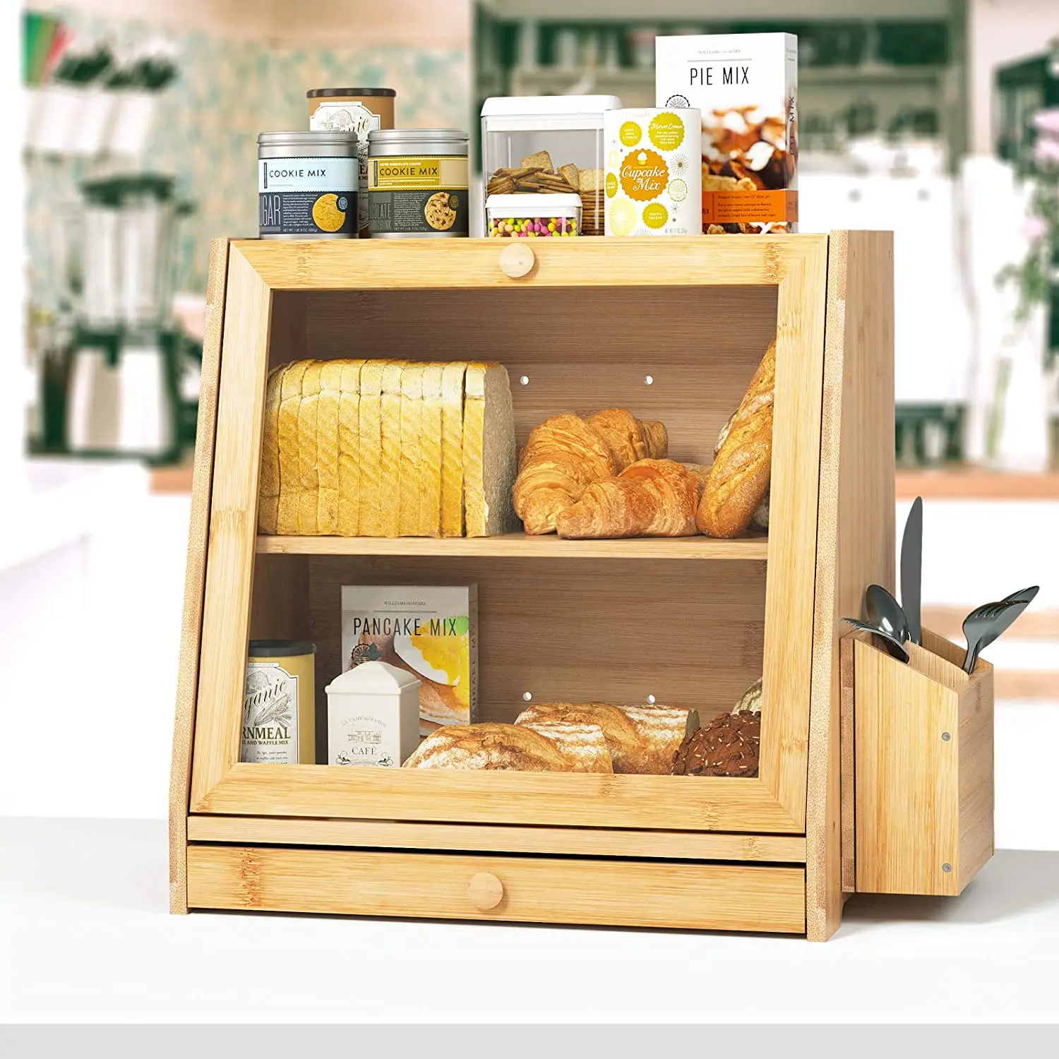 Wholesale Kitchen Countertop 2-Tier Bamboo Bread Box Bin Bamboo Bread Container Cabinet Organizer with Transparent Window