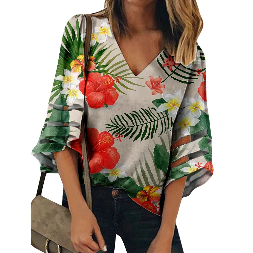 Drop Shipping Hibiscus Flower V-neck Chiffon Top For Women OEM Polynesian Design Ladies Chiffon Satin Vintage Tops Shirts Blouse