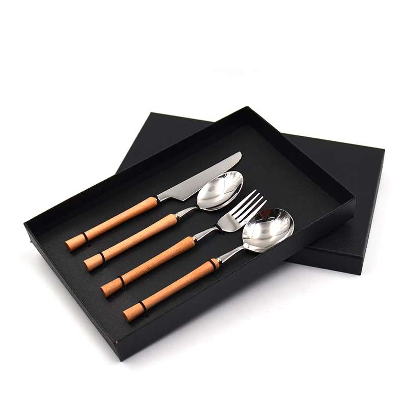 Minimal wind small waist wooden handle stainless steel tableware Spoon fork knife beech handle household