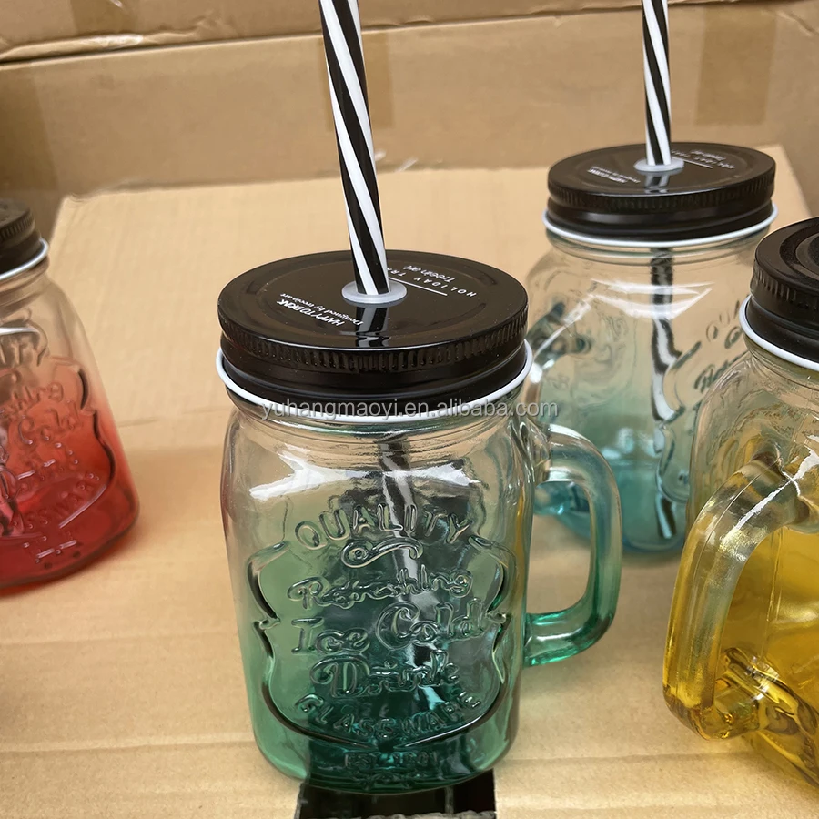 Sealing No Leakage Clear Drinking Glassware Glass Cups Wide Mouth Mason Jar Mug Juice Glasses With Handle And Straw