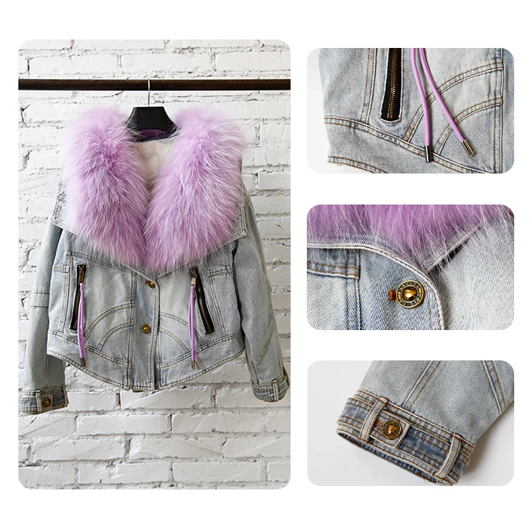 Custom Wholesale Winter Thick Plush Warm Loose Down Jacket Womens Large Raccoon Fur Collar Denim Down Jacket for Women