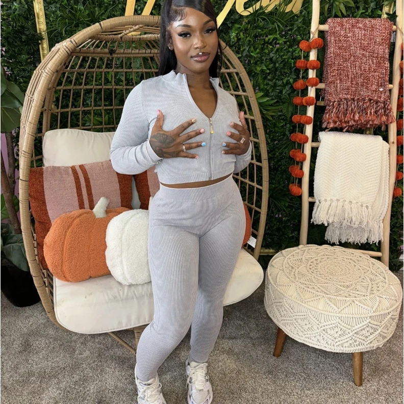 X16267C 2024 autumn women Threaded long sleeve zipper tops +bodycon trousers suit