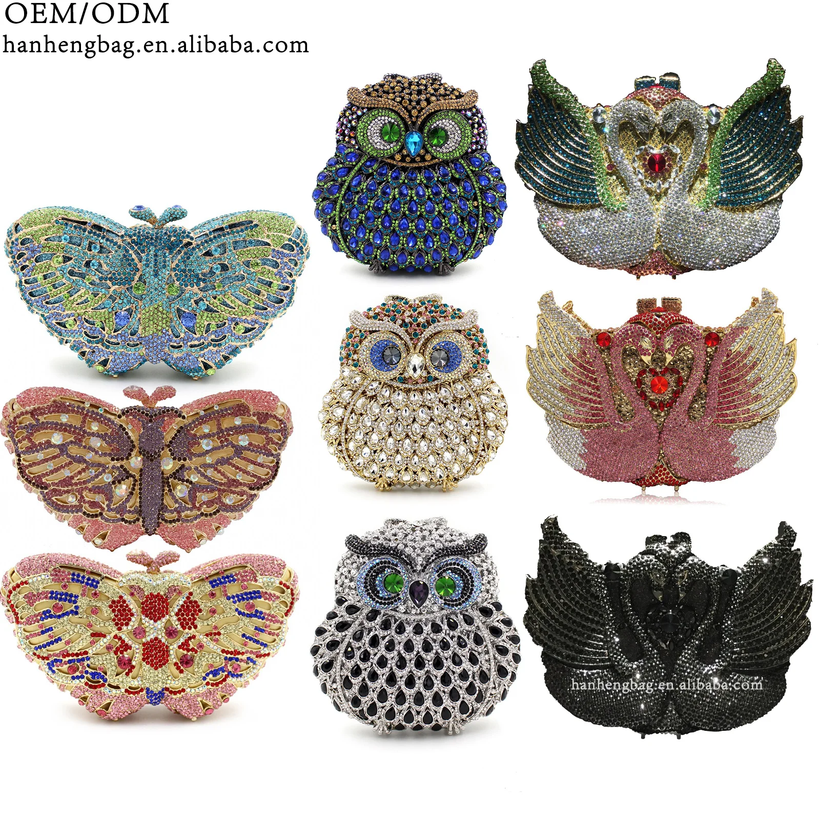 Custom Women bling diamond party handbag hand rhinestone Flutter the Butterfly Clutch owl Swan purse evening bags