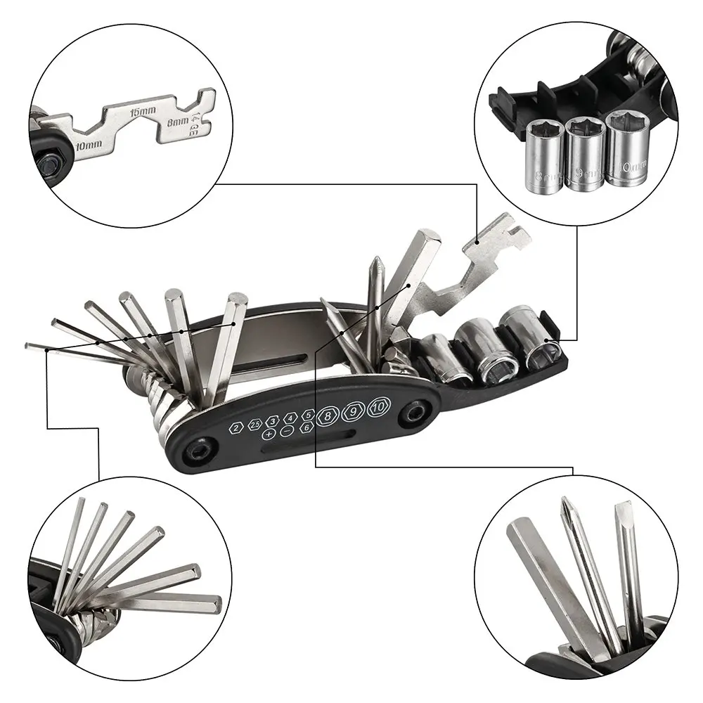 
JDK Bicycle Repair Tool Kit - 16 in 1 Multifunction Bike Fix Tools Practical Bicycle Repair Tool Bike Accessory 