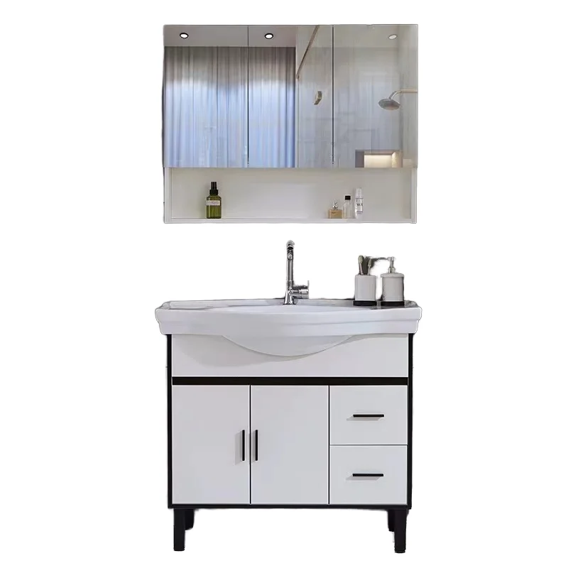 Combination Solid Wood Bathroom Cabinet for Small Apartments Hand Wash Washroom Vanity With Big Belly One-Body Basin Wash Table