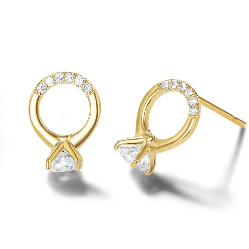 Gemnel 925 Silver 18k Gold Plated Engagement ring shape Diamond circle Stud Earrings