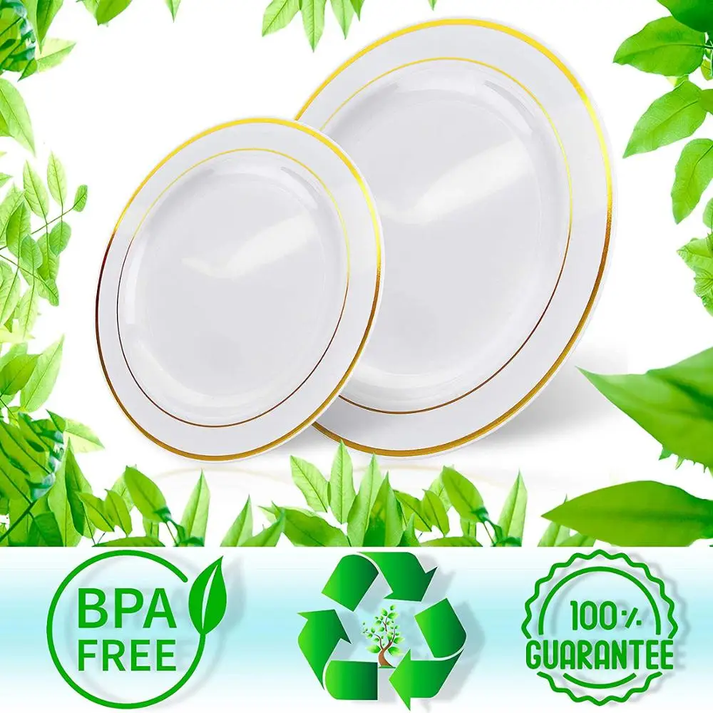 Gold Plastic Plates with Disposable Cutlery, Cups, Napkins Dinnerware sets for Wedding Parties
