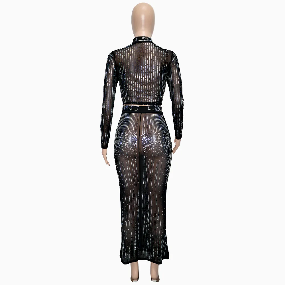 S61101 hot selling fashion sexy top and skirt rhinestone long sleeve evening women two piece set clothing