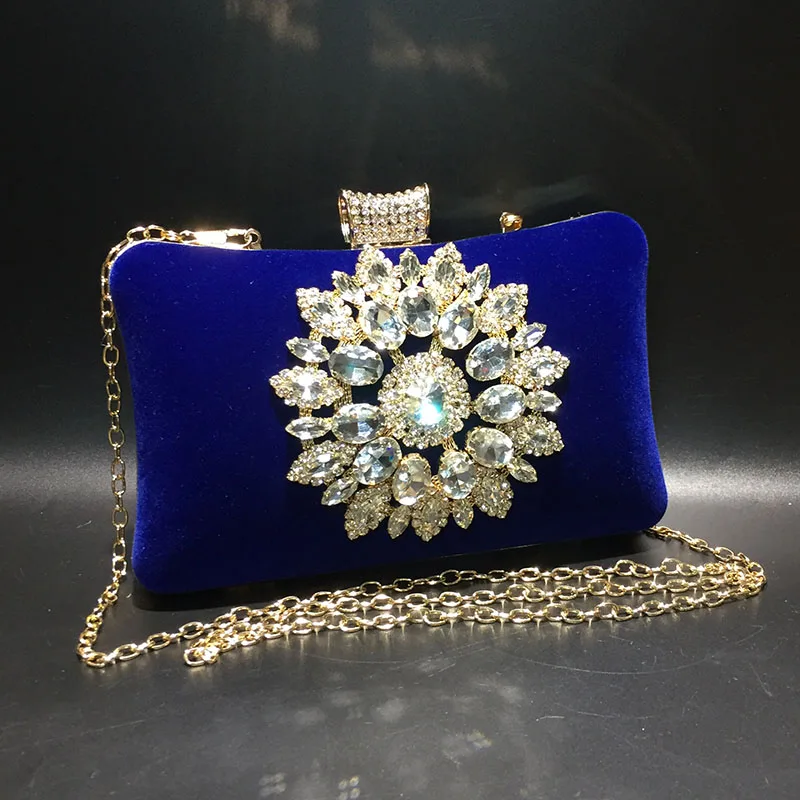 Lady Velvet Purple/Blue Clutch Bags Rose Red Diamonds Clasp Ladies Chain Slanting Bag Wedding Dress Women Luxury Handbags