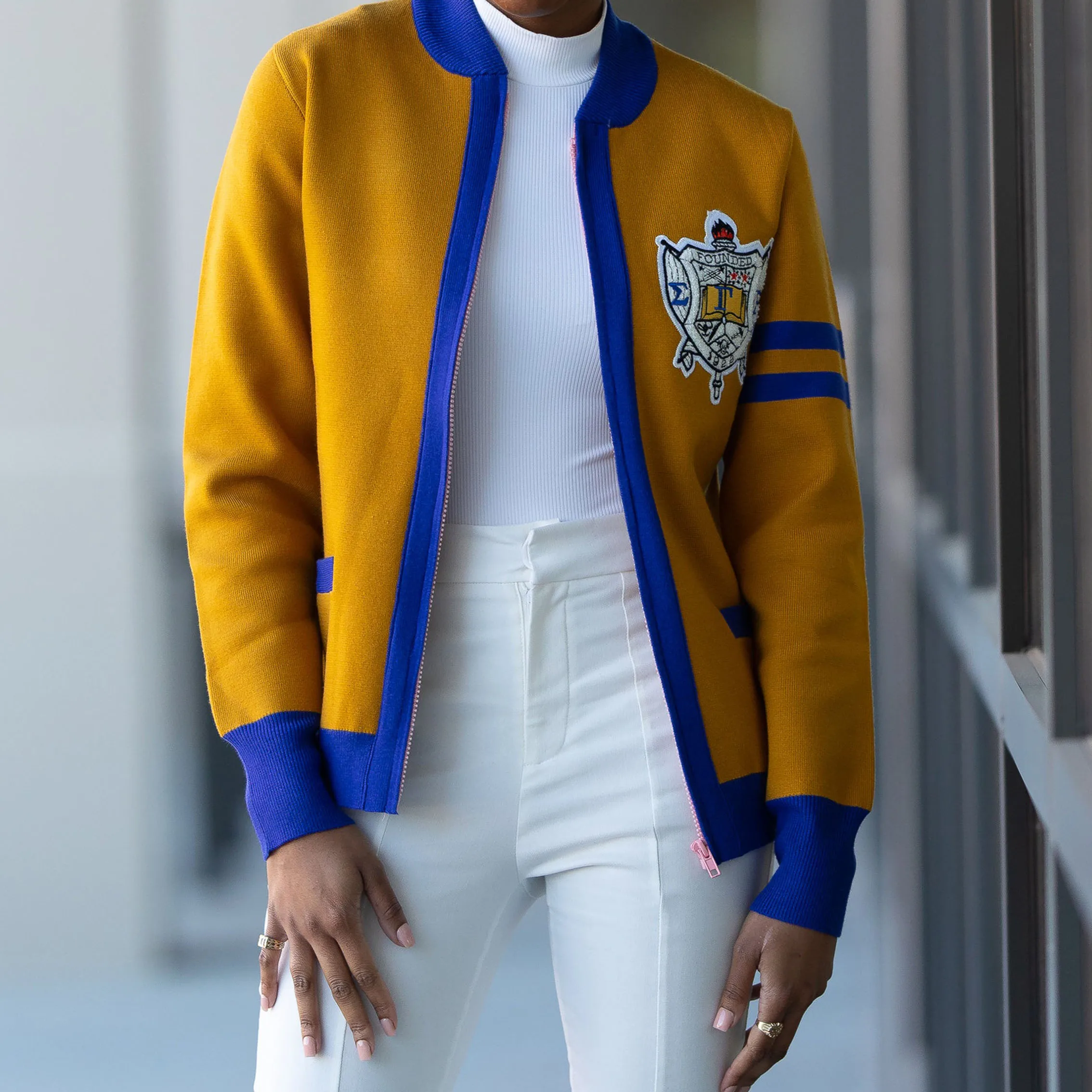 custom OEM ODM manufacturer women sweater knitted Sorority gold royal blue  Old School Classic Cardigan