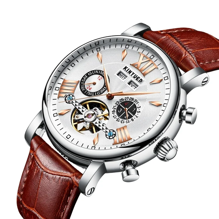 KINYUED J017-4 Gold Case Black Dial Leather Strap Complete Calendar Skeleton Waterproof Wristwatches montre homme