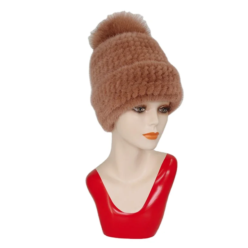 Mink Fur Knit Hat Fur Hat With Fox Fur Ball For Women Winter Warm Mink Hat