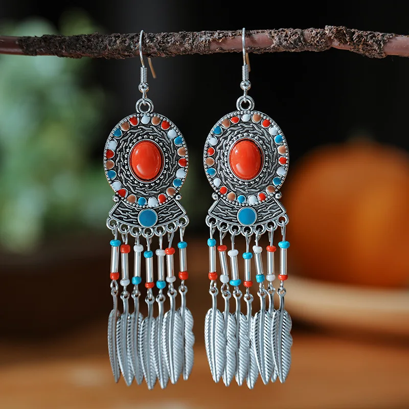 Bohemian Ethnic Purple Water Drop Feather Earrings For Women Elegant Drop Oil Rice Bead Earring Party Wedding Jewelry