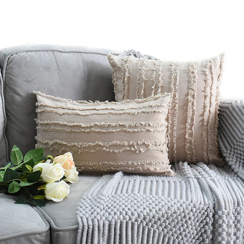 Morocco pillow cover plain cotton linen cushion cover vintage jacquard cushion cover with tassel