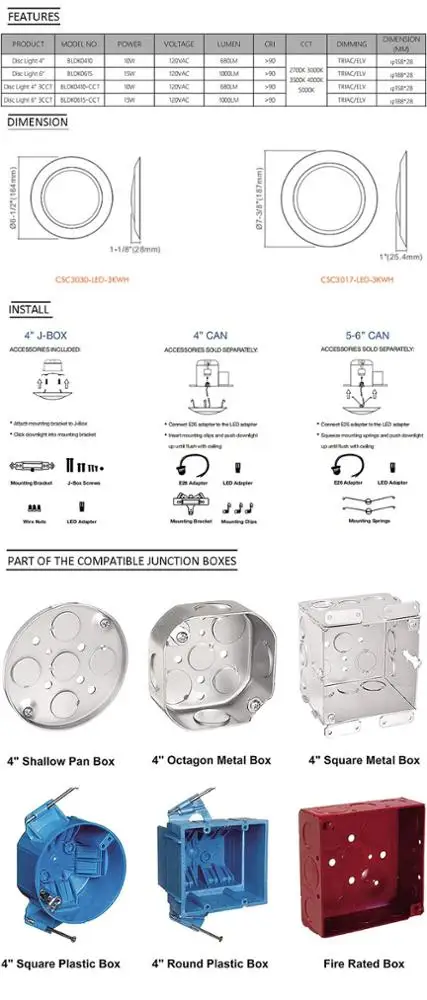 Поверхностное крепление 15 Вт 120VAC 6 дюймов затемняемый низкопрофильный светодиодный потолочный светильник ETL Сертифицированный для влажных