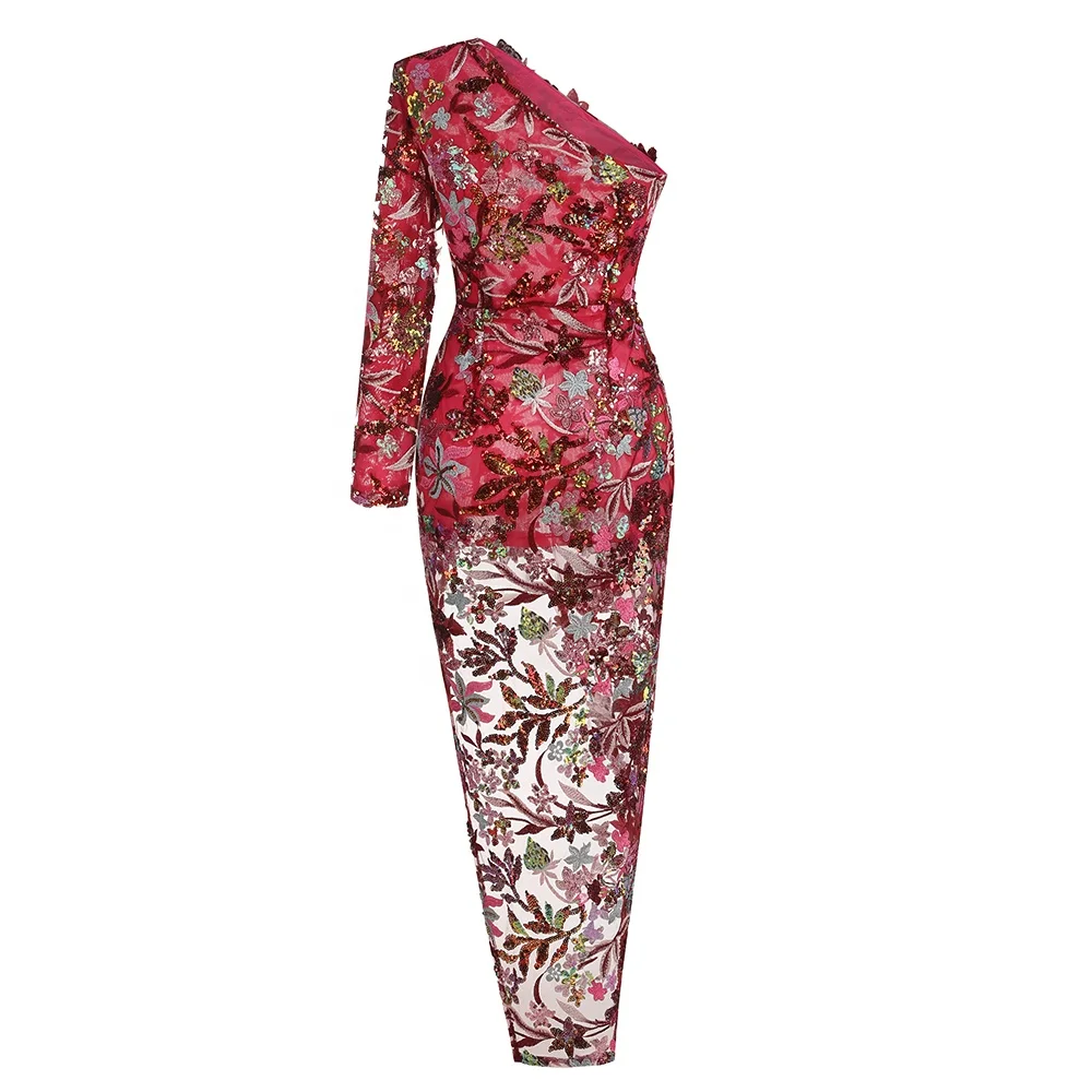 Sexy One Shoulder Luxury Sequin Floral Embroidered Asymmetric Flower Long Dress Women Long Sleeves High Split Long Party Dresses