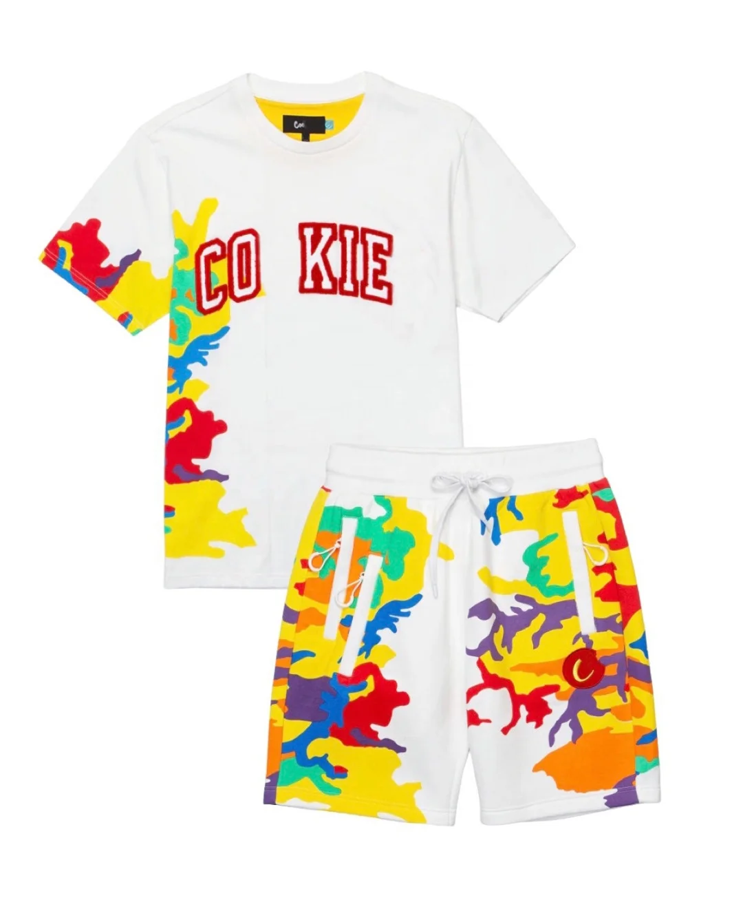 KY Men Cotton Shorts Sets Short Sleeve Crew Neck Digital Printing Zipper Pocket Shorts With String