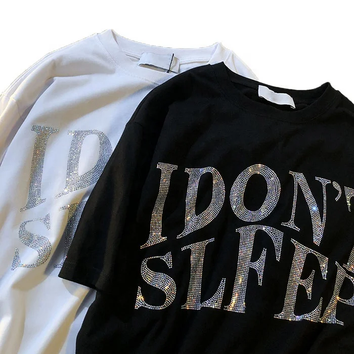 Fashion street wear round neck men t-shirt rhinestone print urban hip pop t shirts