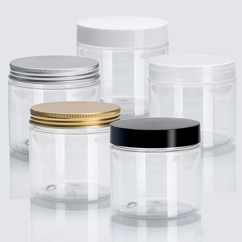 With White Black Aluminum Lids Cosmetic PET Container Plastic Jars for Oils Plastic Straight Sided Jar Screw-on Cap IMIROOTREE