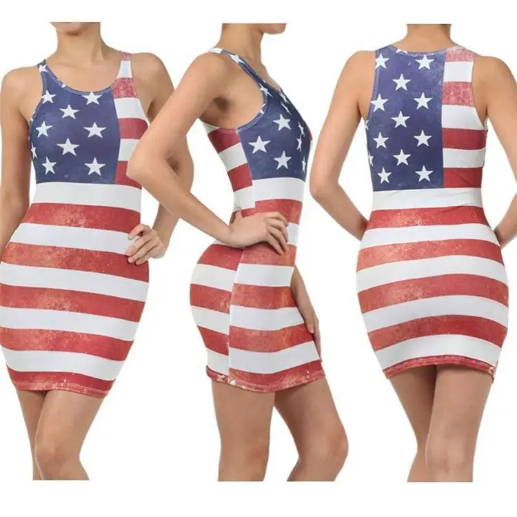 
Europe and the United States sexy round neck sleeveless American flag Casual Dresses on sale in stock sexy long skirt 