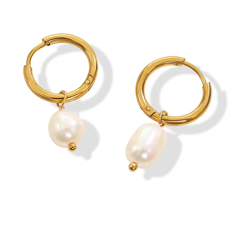 18K Gold Plated Stainless Steel Drop Hoop Earrings For Women Girls Wholesale Natural Freshwater Pearl Pendant Huggie Earrings
