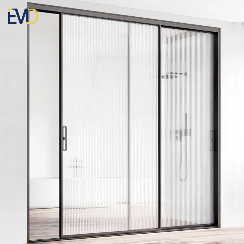 Modern sliding door bedroom kitchen divider aluminum slim frame interior ribbed glass sliding door