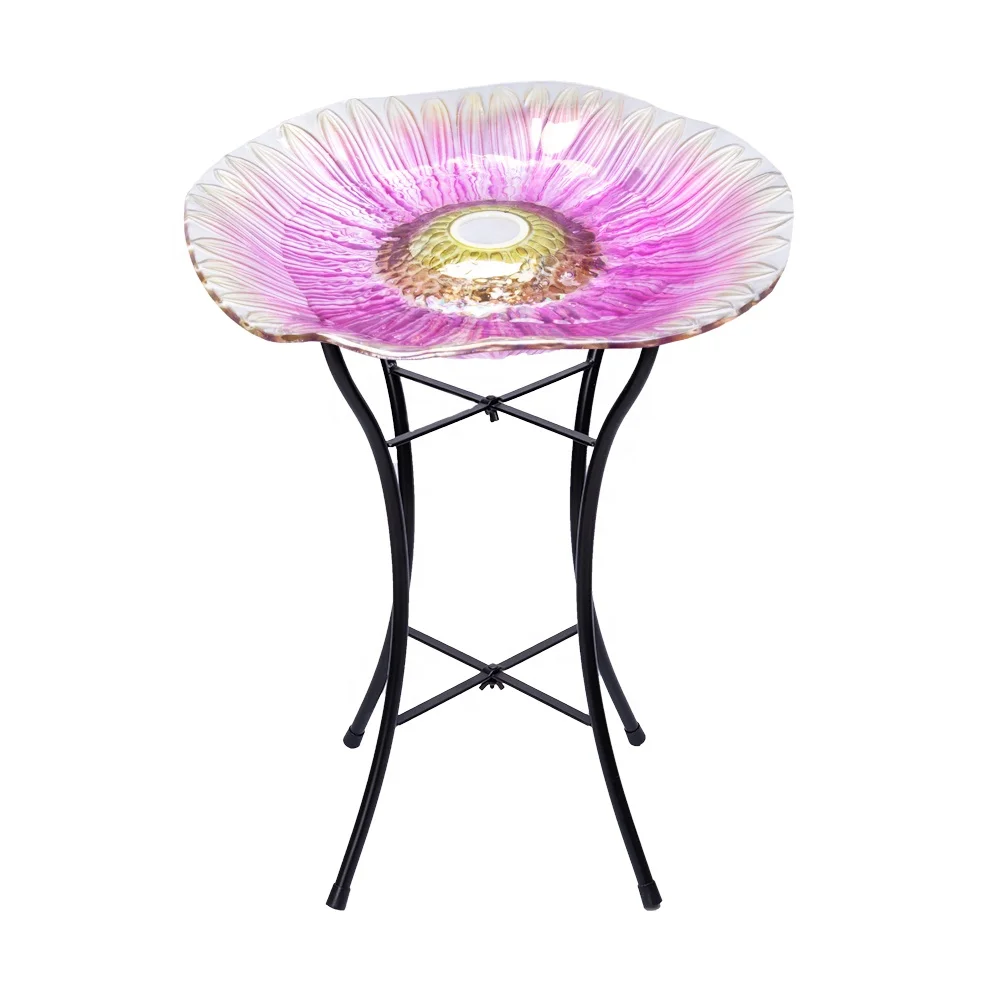 OEM customized solar LED light glass Blue Flower bird bath 18 inch diameter garden decoration big bowl water and food birdbath