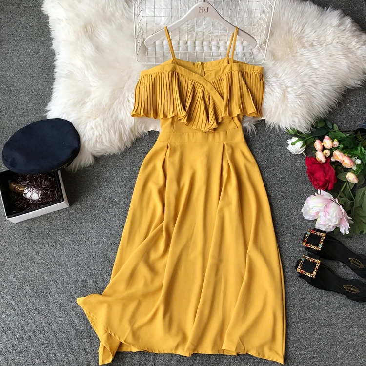 Customized pleated off shoulder one line neck strap mid length dress for women