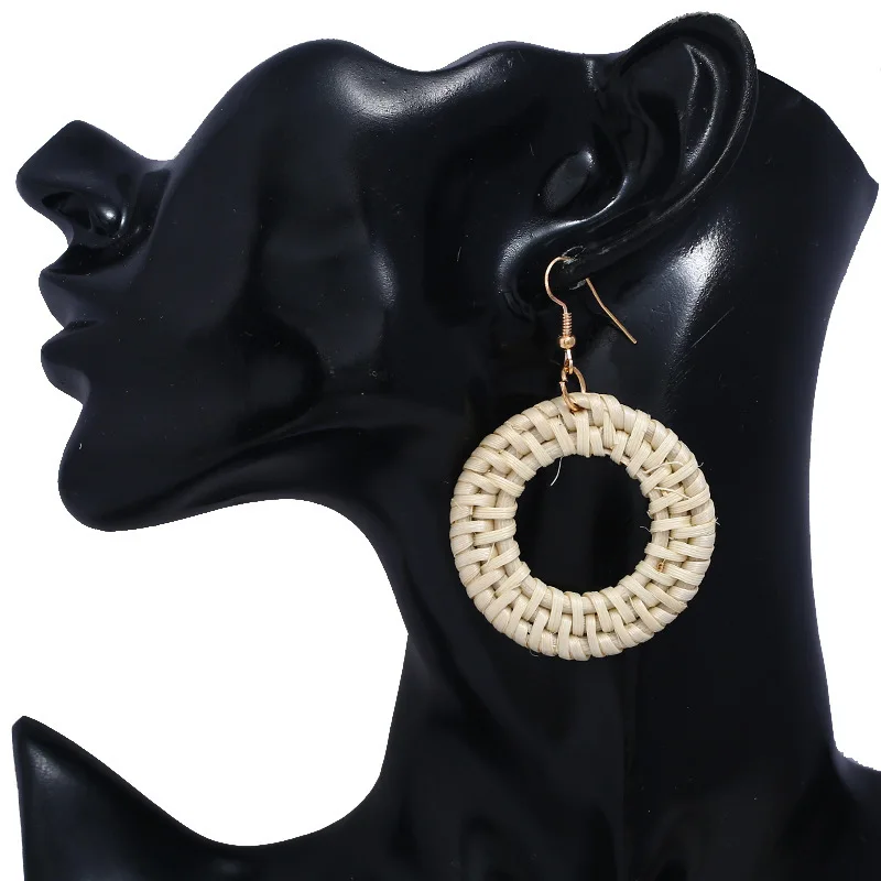 New Retro Bamboo Earrings Handmade Straw Wicker Braid Teardrop Hoop Drop Dangle Earrings Rattan Earrings for Women