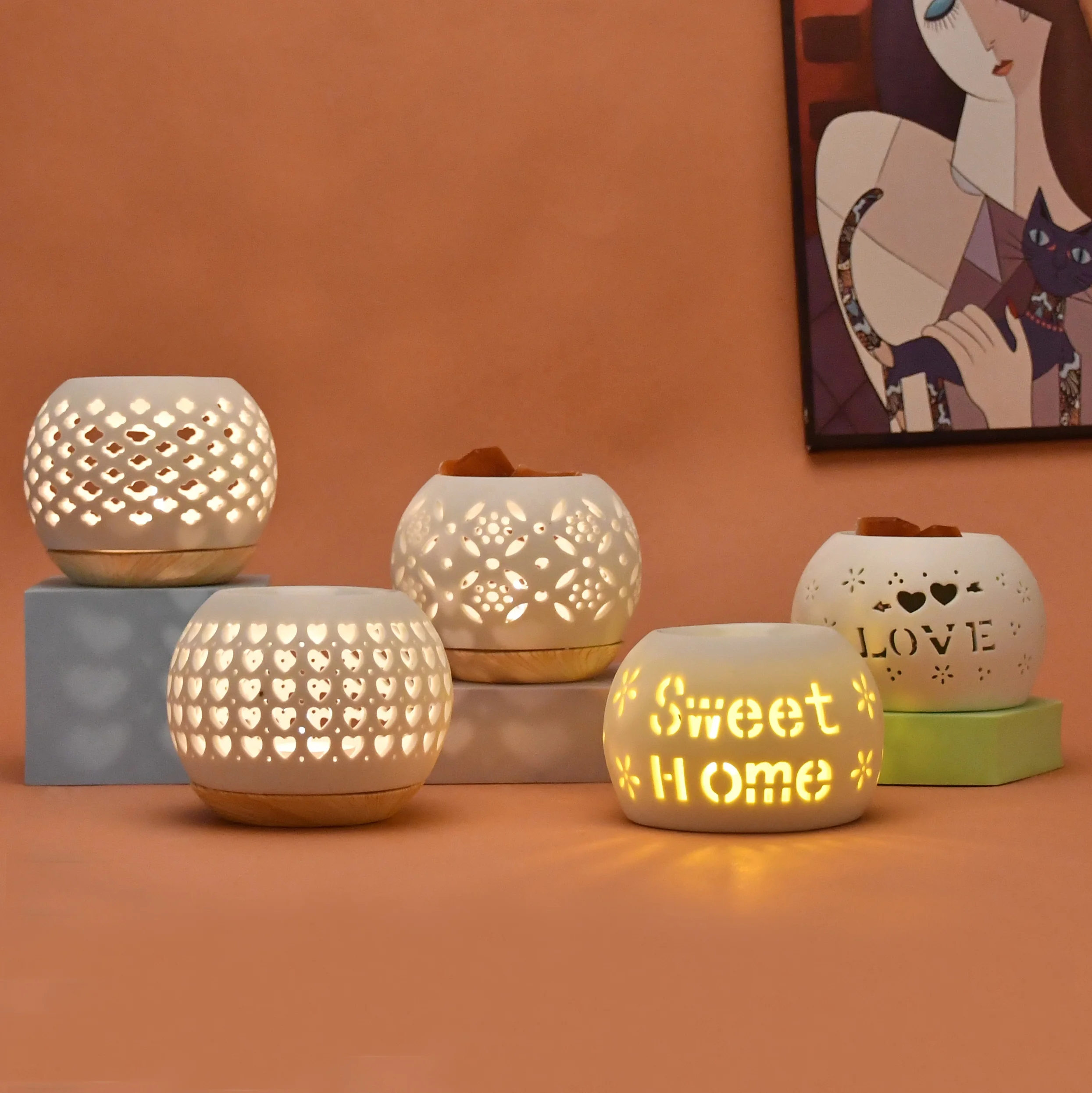 Porcelain wax melt warmer round shape oil burner with wooden pattern base white incense burner Ceramic Essential Oil Burner