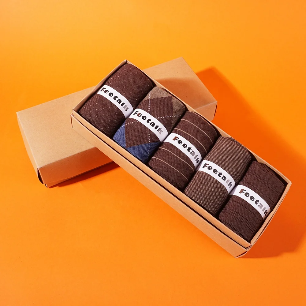 Hot selling modal material daily wear geometric pattern 5 pack men fashion socks in box