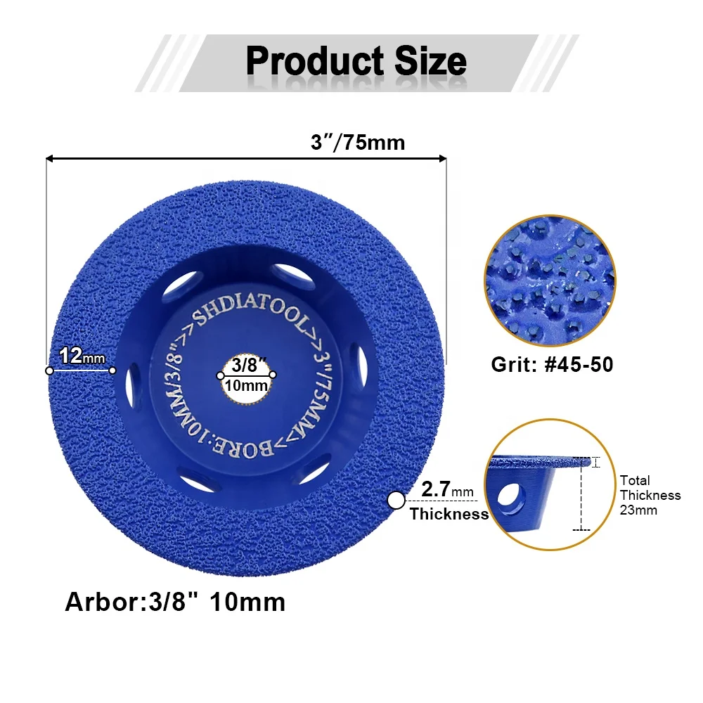 SHDIATOOL Dia 75mm Diamond Vacuum Brazed Bowl Grinding Wheels Grinding Disc Cutting Wheel For Marble/Tile/Concrete