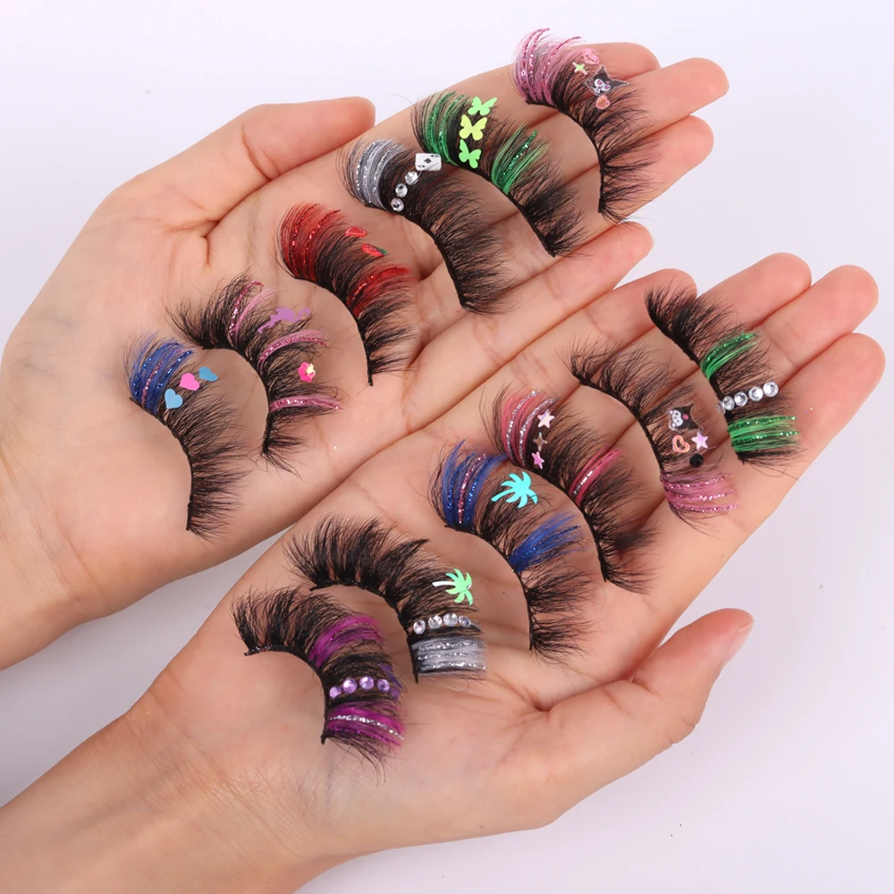 2024 Private Label Diamond Glitter Eyelashes 20mm 25mm Faux Mink Lashes Wholesale Colored Lashes
