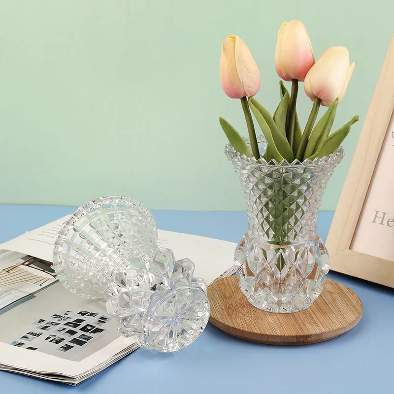 Luxury High End 3D Relief Tabletop Home Decor Flower Vases Plant Pot Transparent Crystal Glass Vase For Living Room