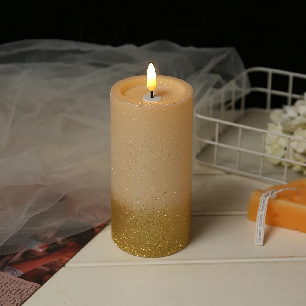 New Arrival  3D Real Plastic Gold Dust Design Led Flameless Candle Lights For Home Garden Wedding Favors