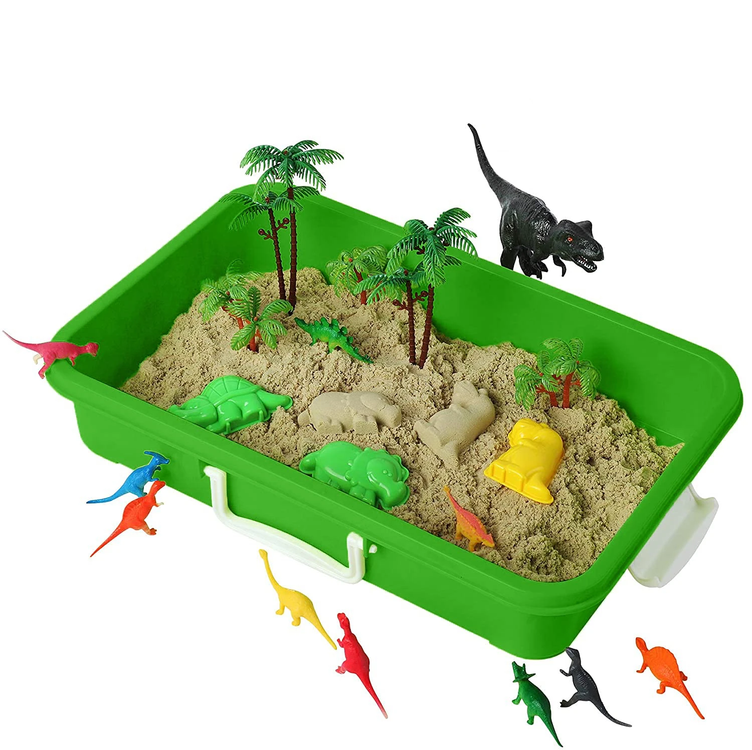 Dinosaur Play Sand Kit - Sensory Bin Sandbox   Comes with Bin, Lid, Dinosaur Figures, Dino Molds, Trees, Fences
