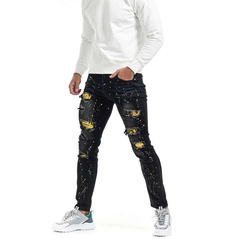 England New design jeans men paint slim fit cotton ripped denim pants customized LOGO knee damage  light blue jeans