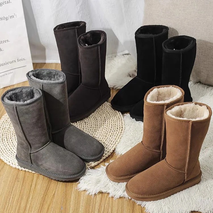 Fashion Popular Soft Warm Mid Calf Genuine Fur Indoor Flat Ladies Sheepskin Snow Winter Boots