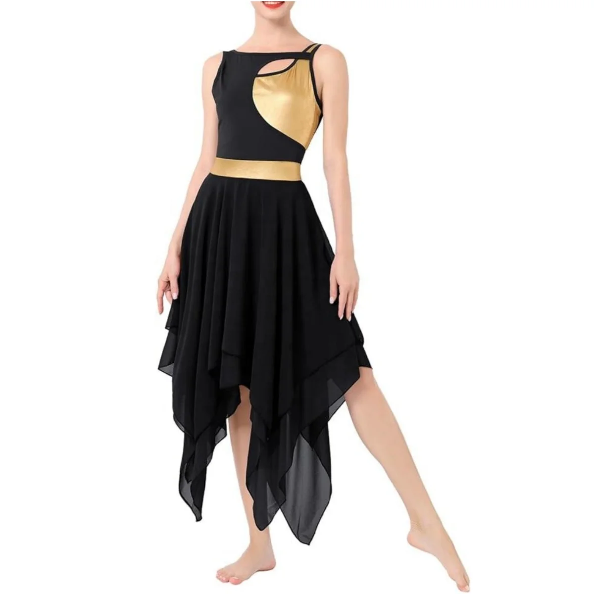 Lyrical Dance Costumes for Women Contemporary Dancewear Sleeveless Cut Out Front Mesh Tulle Maxi Dress
