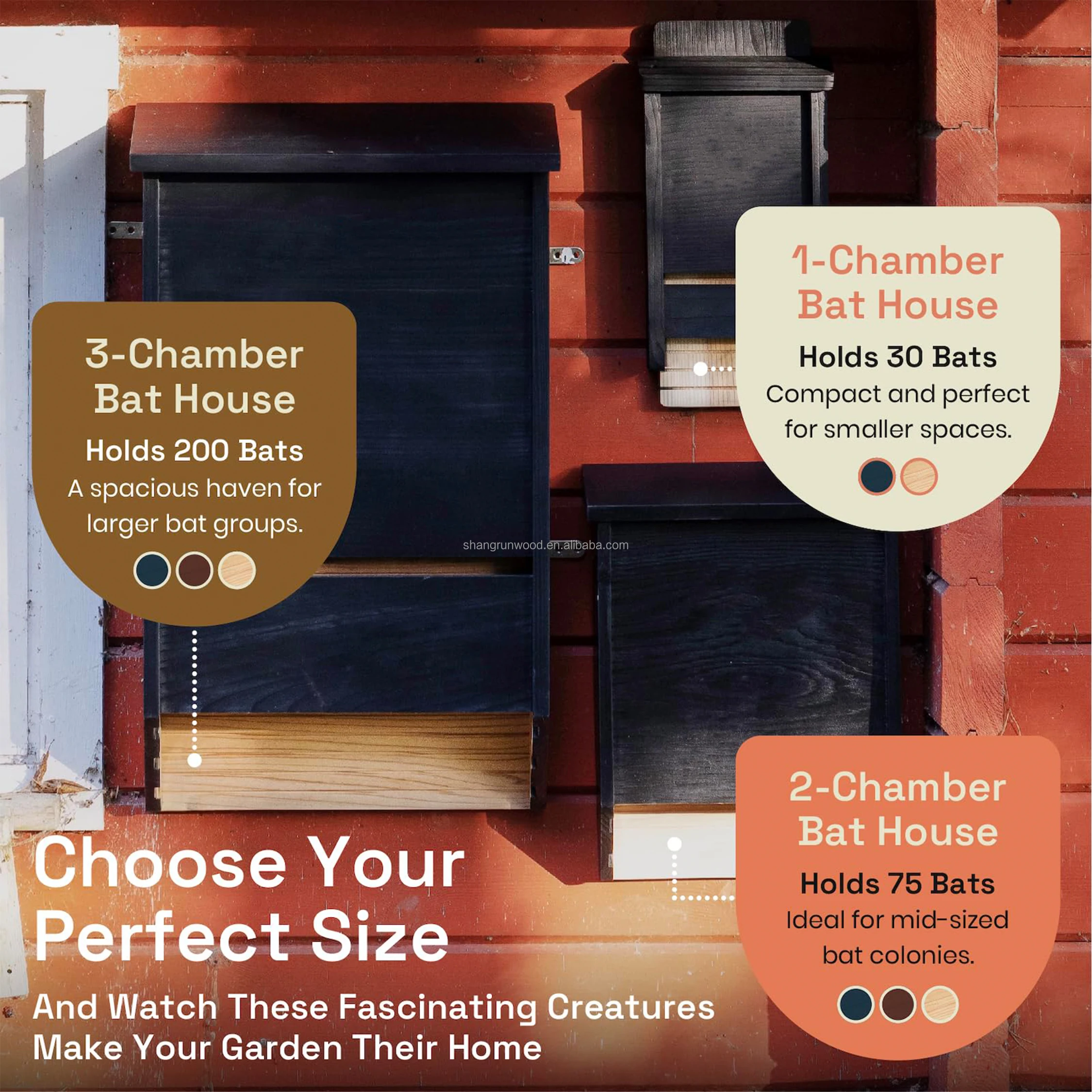 Outdoors Large Triple Chamber Paint Finished Bat Shelter Bat Box Big Wood Bat House Kit For Outdoors